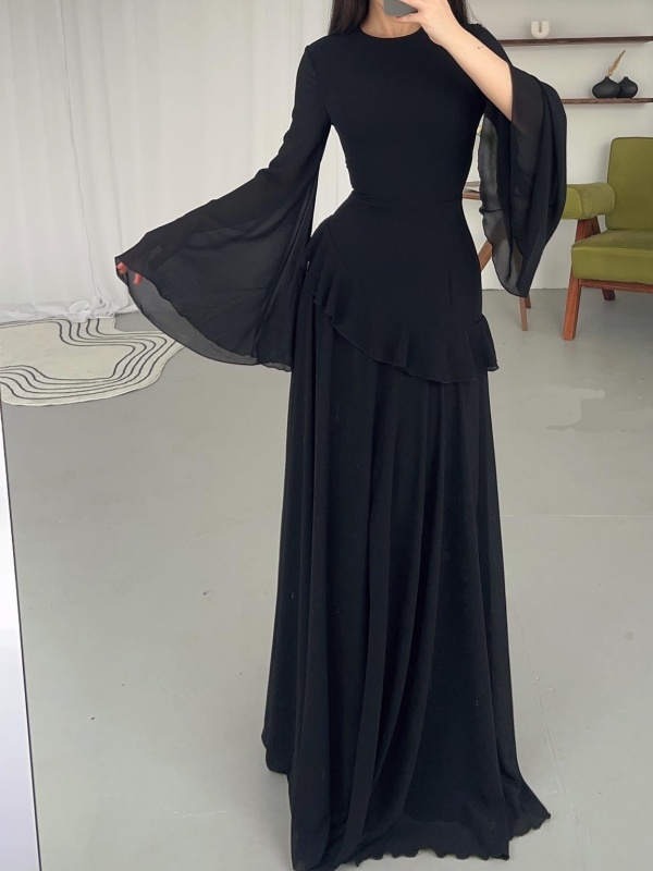 Solid Color Flared Sleeve Dress