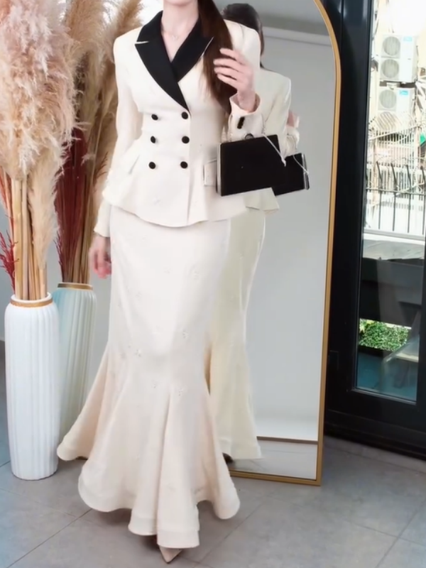 Retro Collared Fishtail Skirt Set