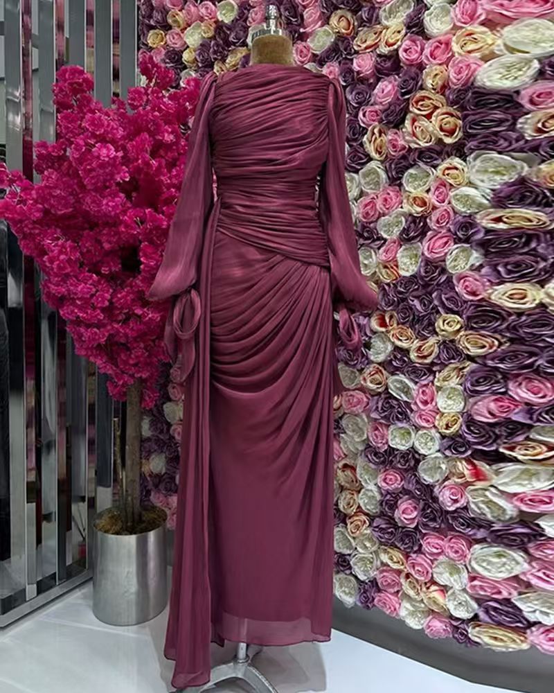 Ruched Tied Up Lantern Sleeve Overlay Party Maxi Dresses