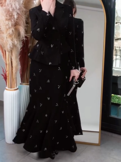 Retro Collared Fishtail Skirt Set