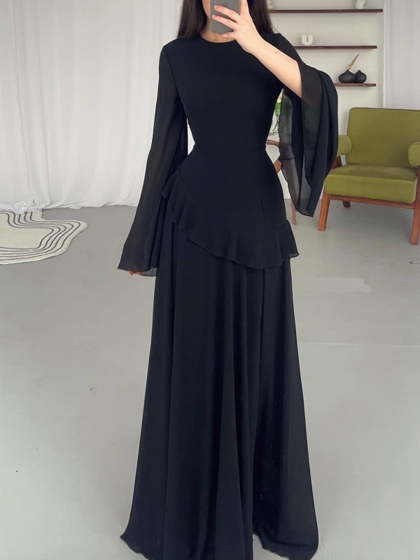 Solid Color Flared Sleeve Dress