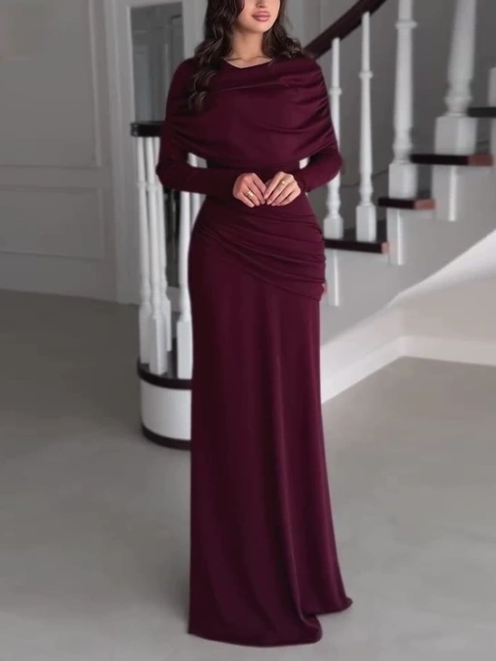 Draped Neckline Long Sleeves Maxi Dress