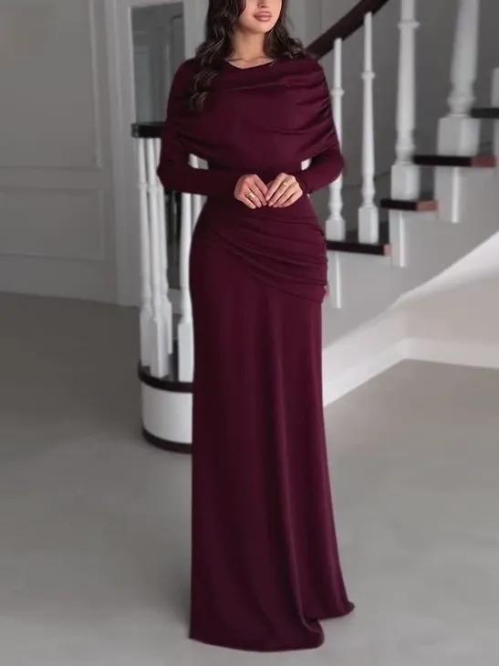 Draped Neckline Long Sleeves Maxi Dress