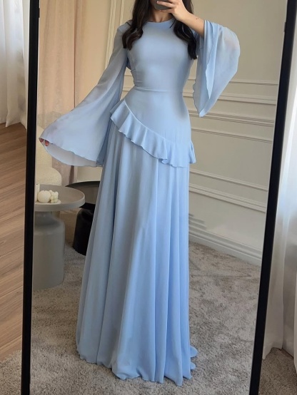 Solid Color Flared Sleeve Dress