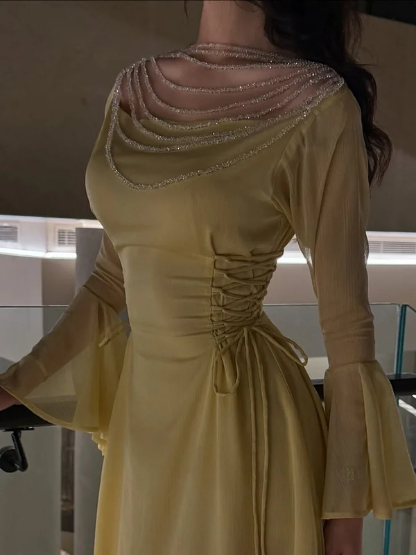 Sheer Beaded Yoke Flared Bell Sleeves Maxi Dress