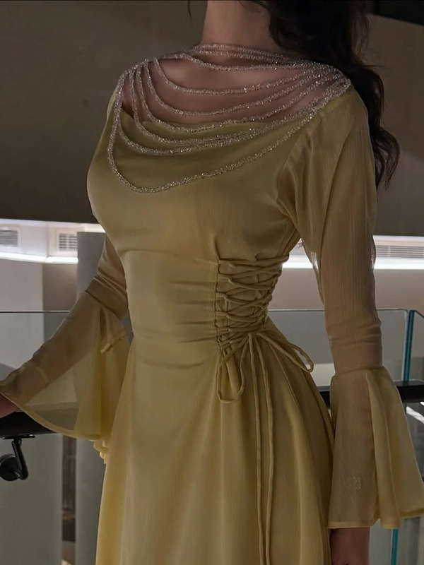 Sheer Beaded Yoke Flared Bell Sleeves Maxi Dress