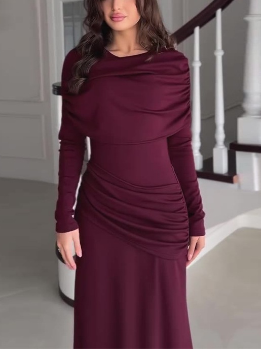 Draped Neckline Long Sleeves Maxi Dress