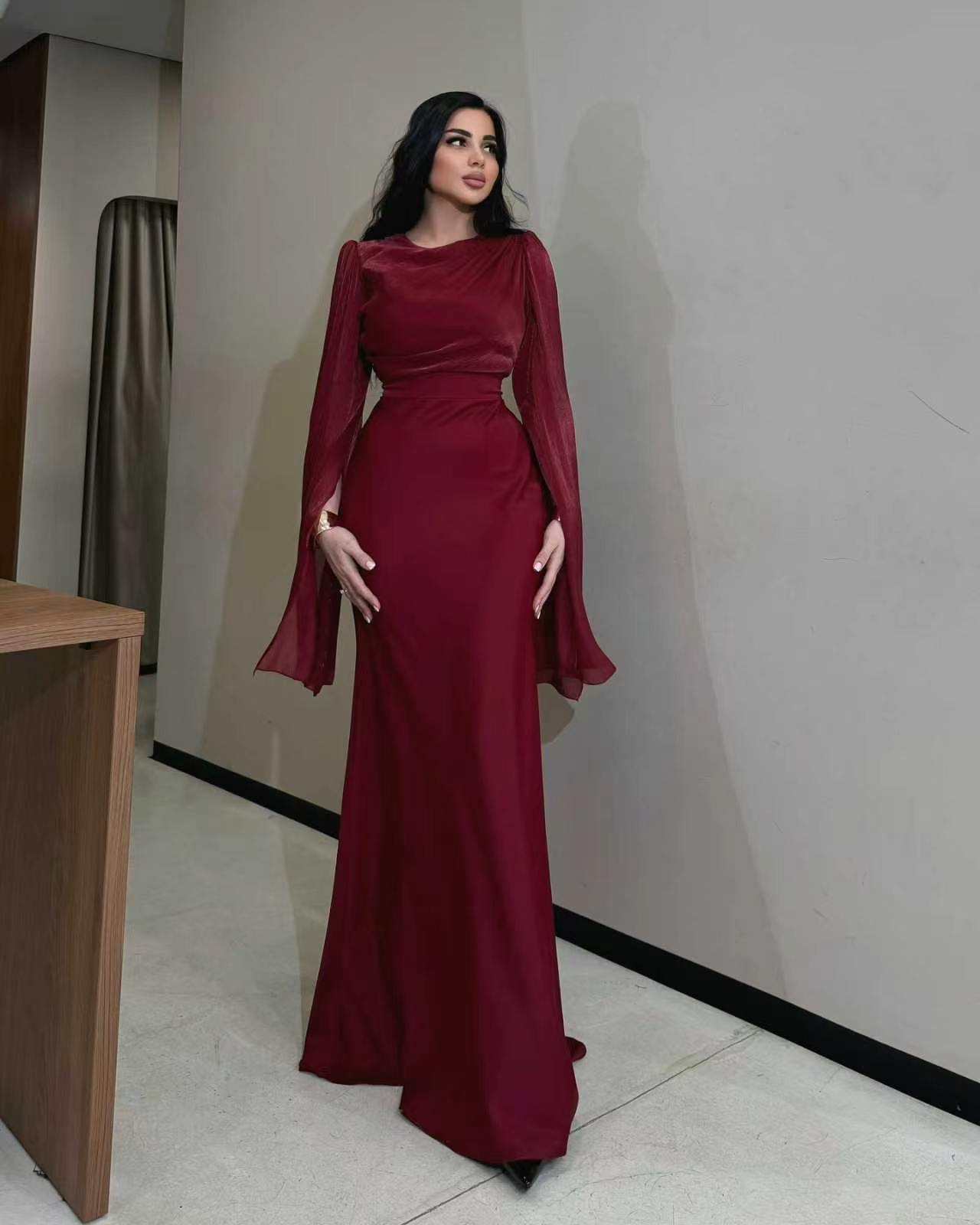 Glass Gauze Wide Sleeves Slim Fit Maxi Dress