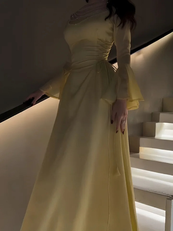 Sheer Beaded Yoke Flared Bell Sleeves Maxi Dress