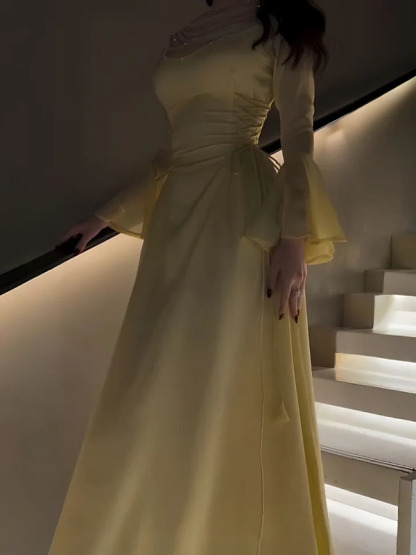 Sheer Beaded Yoke Flared Bell Sleeves Maxi Dress