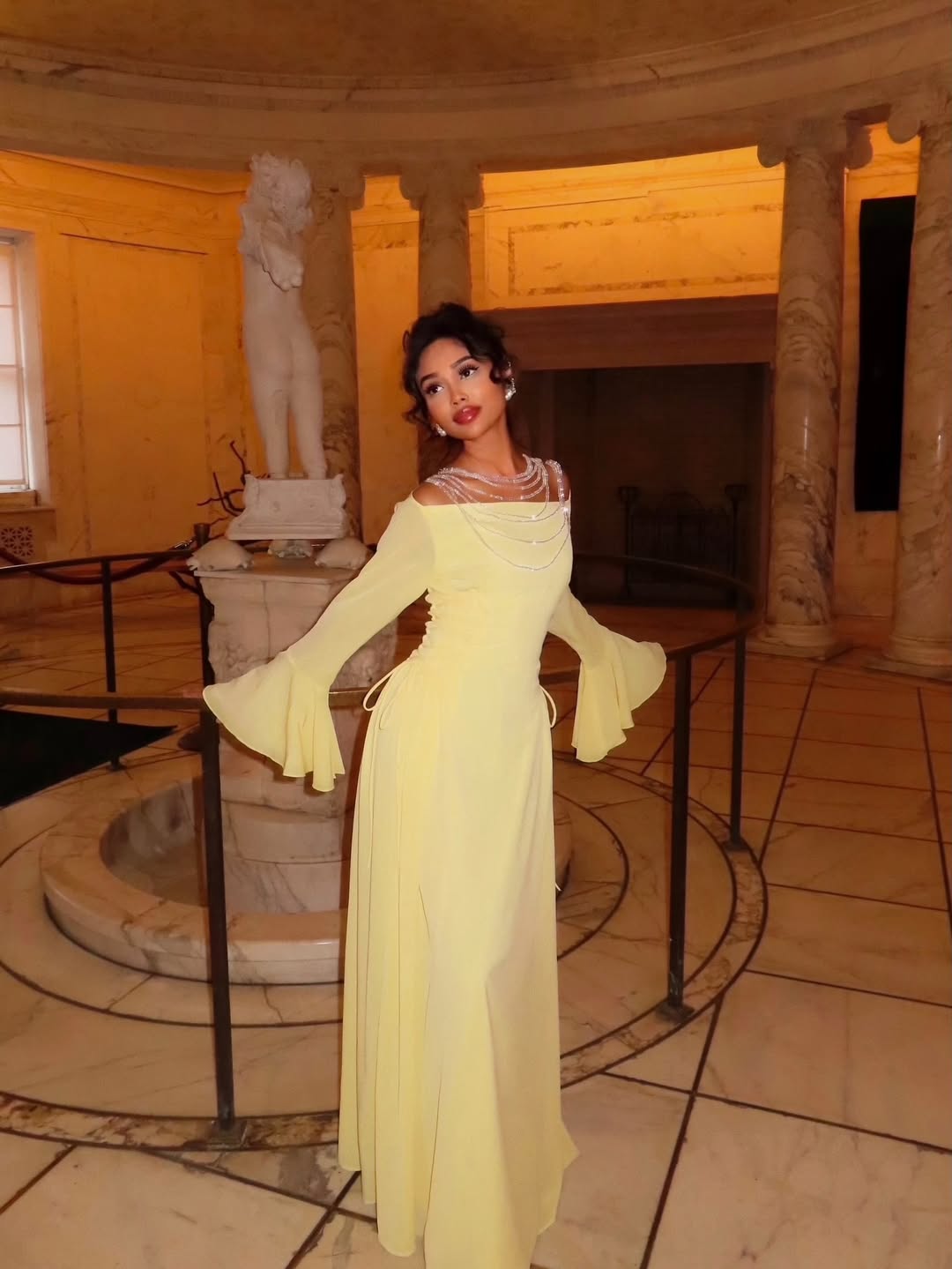 Sheer Beaded Yoke Flared Bell Sleeves Maxi Dress