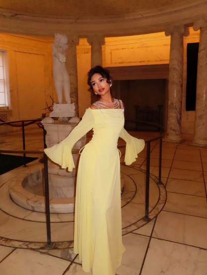 Sheer Beaded Yoke Flared Bell Sleeves Maxi Dress