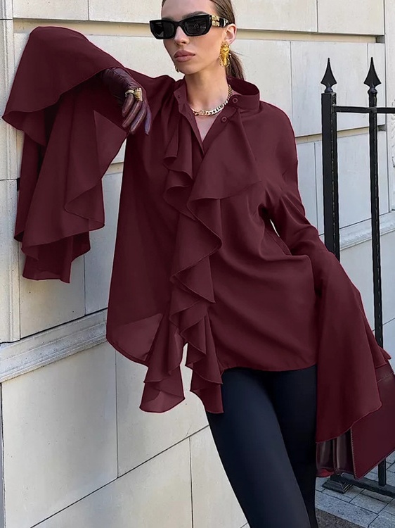 Chiffon V-neck Pleated Shirt