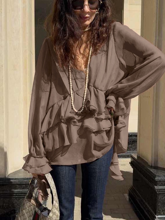 Chiffon V-neck Pleated Shirt