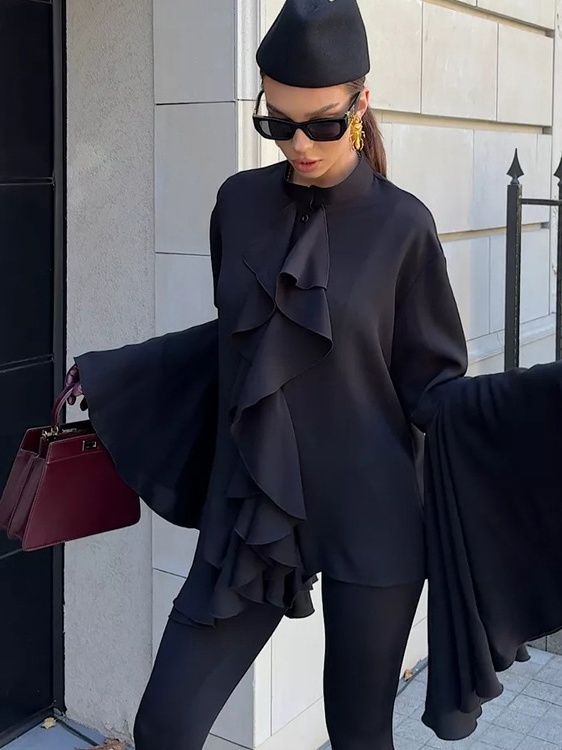 Chiffon V-neck Pleated Shirt