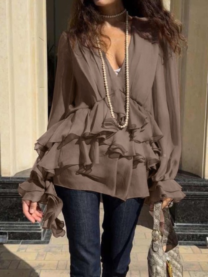 Chiffon V-neck Pleated Shirt