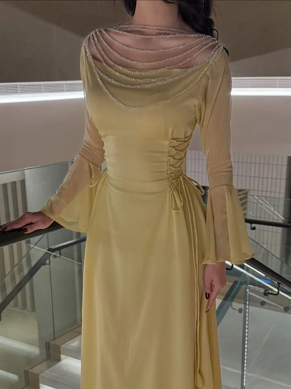 Sheer Beaded Yoke Flared Bell Sleeves Maxi Dress