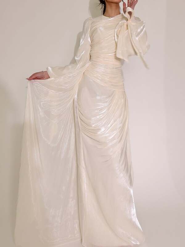 Ruched Tied Up Lantern Sleeve Overlay Party Maxi Dresses