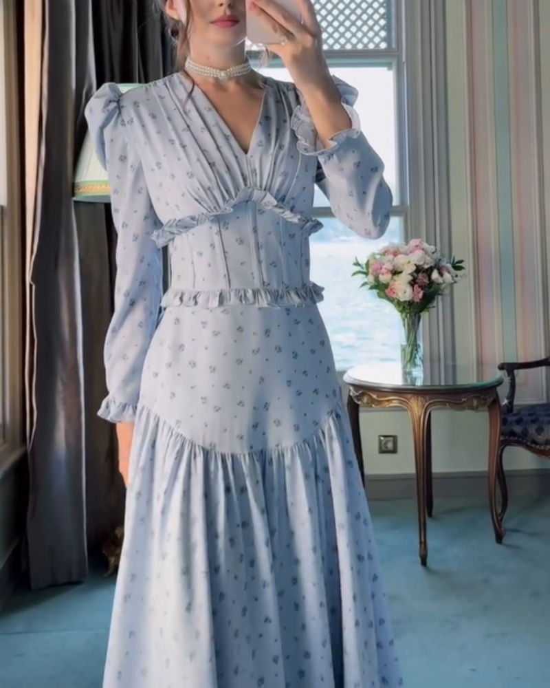 Floral Vintage Waist-cinched French Maxi Dress