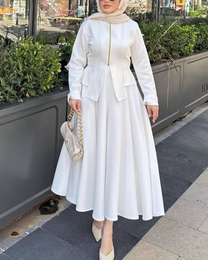 2Pcs Solid Color Retro Zipper Jacket+Skirt Set