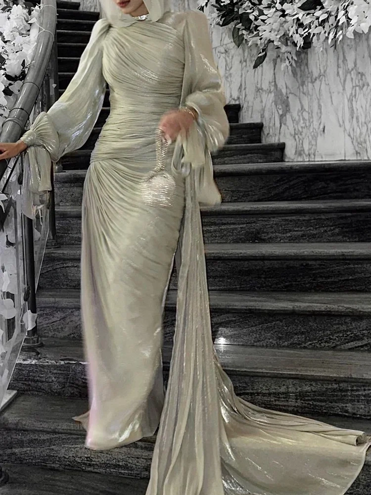 Ruched Tied Up Lantern Sleeve Overlay Party Maxi Dresses