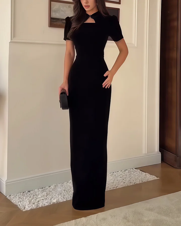 Black Bodycon Vintage High-End Cheongsam Collar Short Sleeve Maxi Dress