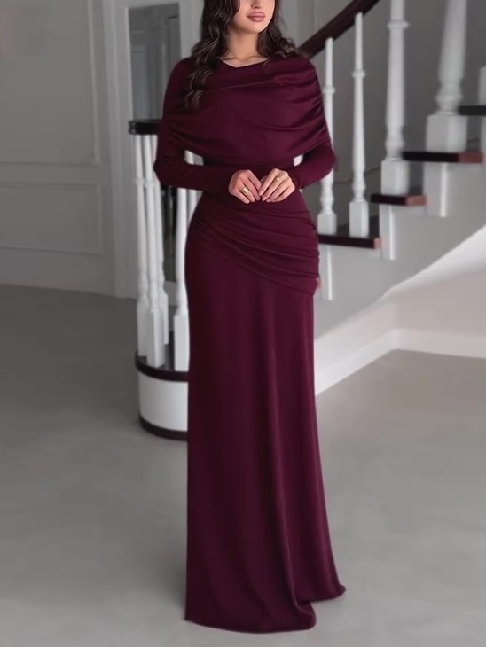 Draped Neckline Long Sleeves Maxi Dress