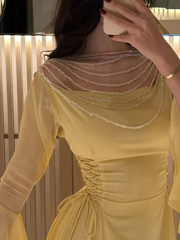 Sheer Beaded Yoke Flared Bell Sleeves Maxi Dress