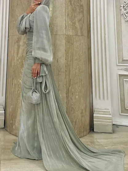 Ruched Tied Up Lantern Sleeve Overlay Party Maxi Dresses