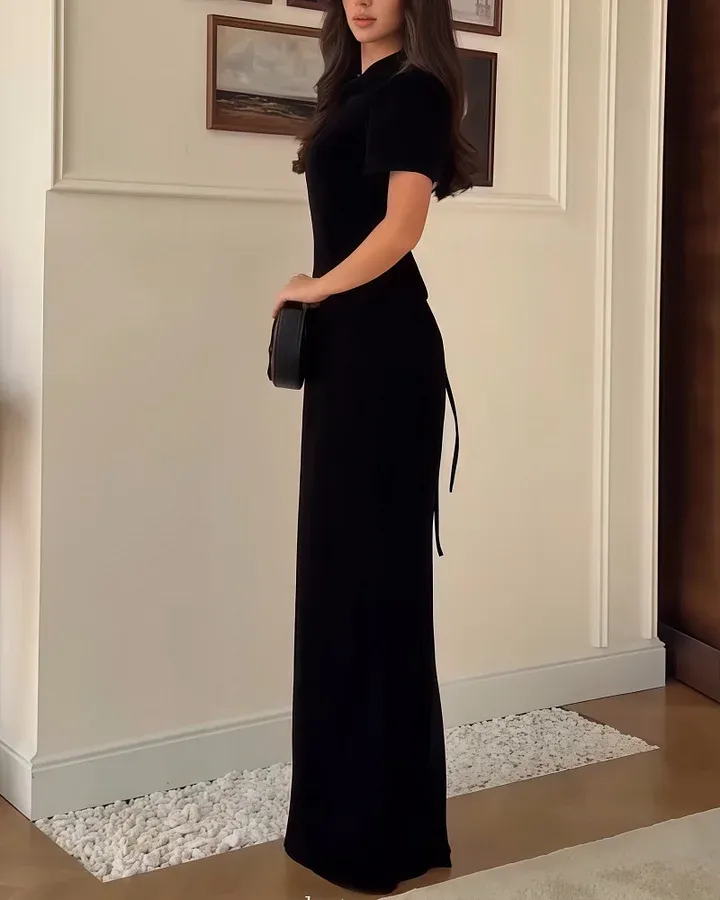 Black Bodycon Vintage High-End Cheongsam Collar Short Sleeve Maxi Dress