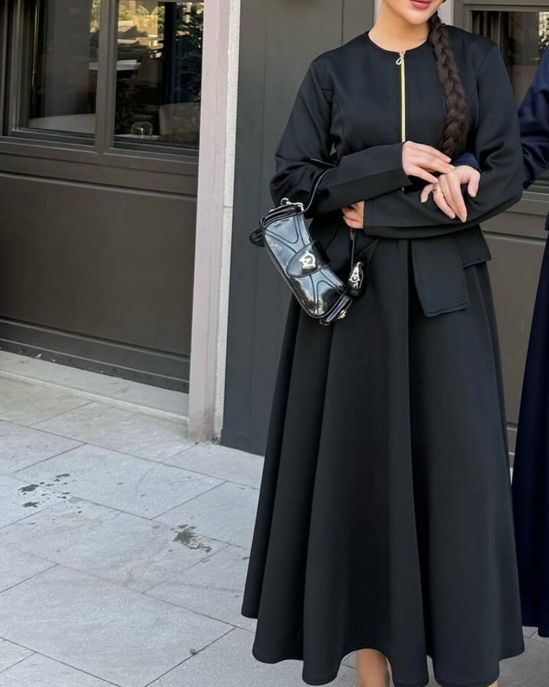 2Pcs Solid Color Retro Zipper Jacket+Skirt Set