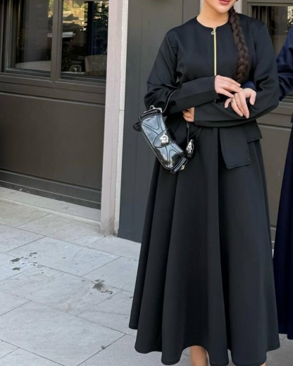 2Pcs Solid Color Retro Zipper Jacket+Skirt Set