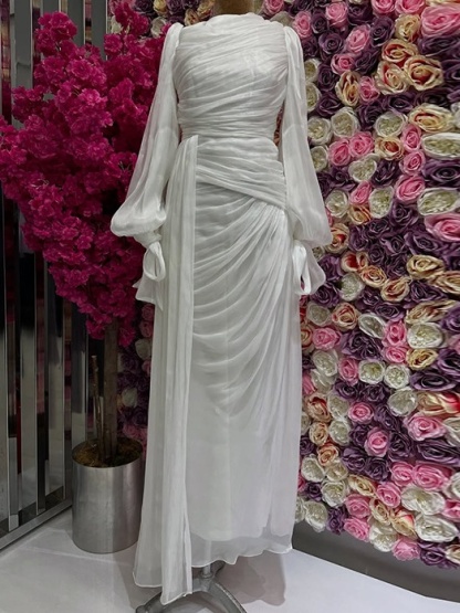 Ruched Tied Up Lantern Sleeve Overlay Party Maxi Dresses