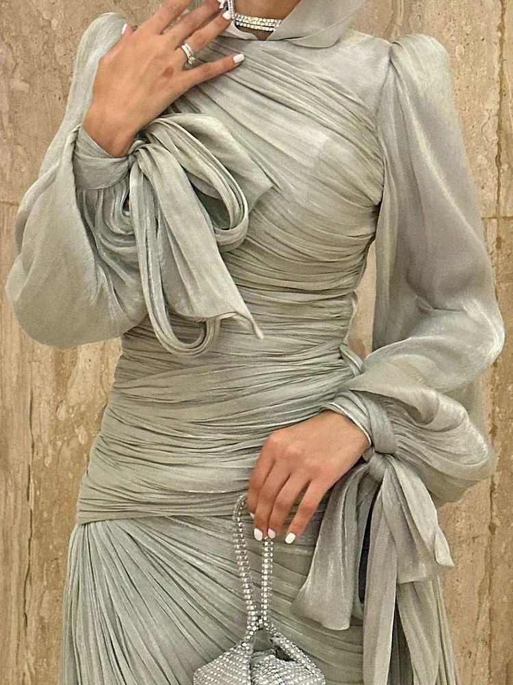 Ruched Tied Up Lantern Sleeve Overlay Party Maxi Dresses