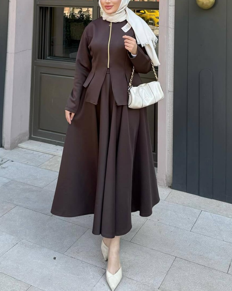 2Pcs Solid Color Retro Zipper Jacket+Skirt Set