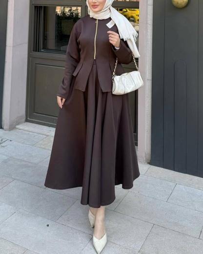 2Pcs Solid Color Retro Zipper Jacket+Skirt Set