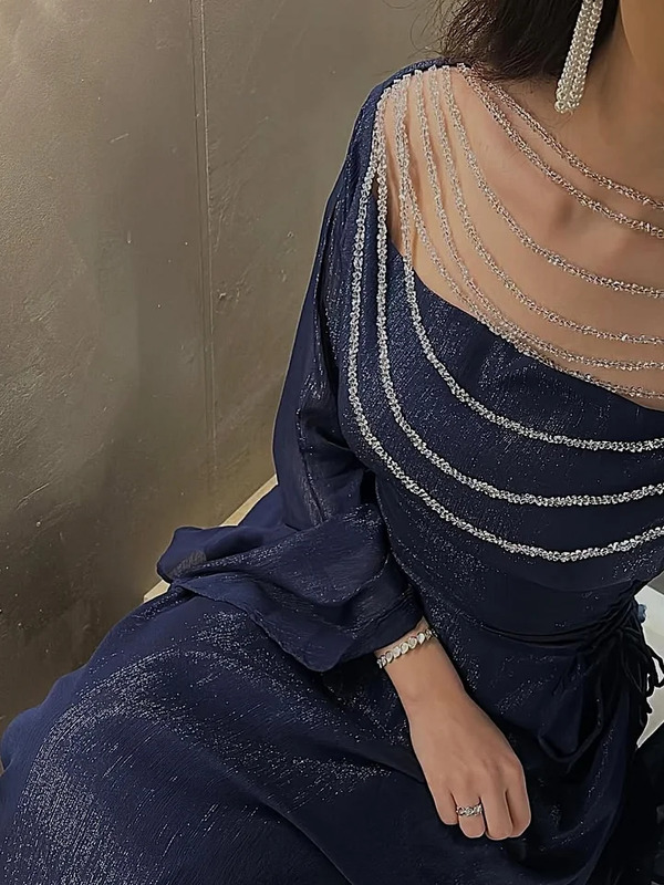 Sheer Beaded Yoke Flared Bell Sleeves Maxi Dress