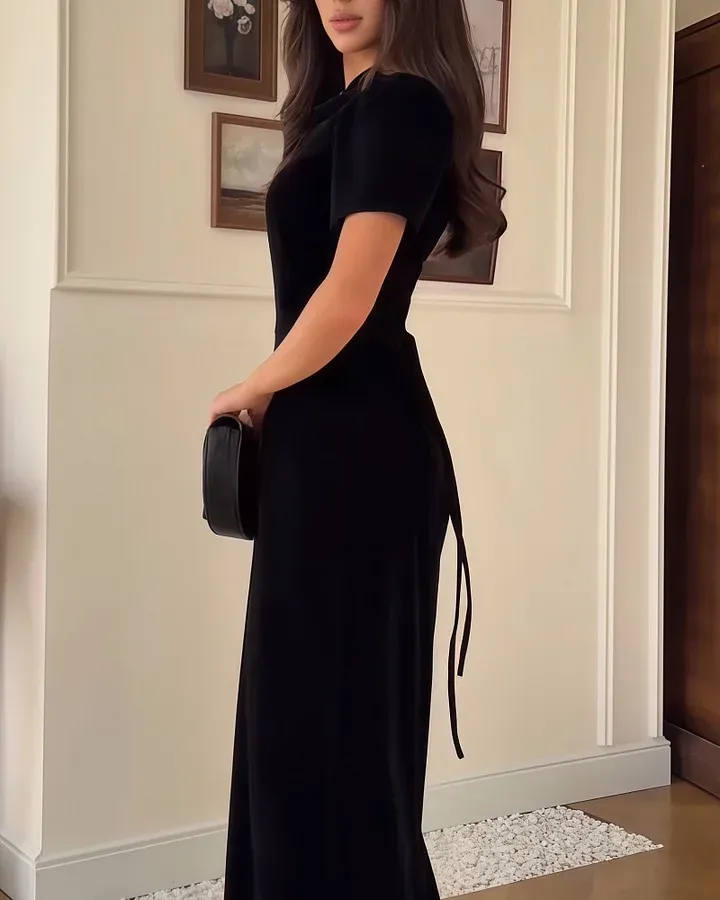 Black Bodycon Vintage High-End Cheongsam Collar Short Sleeve Maxi Dress