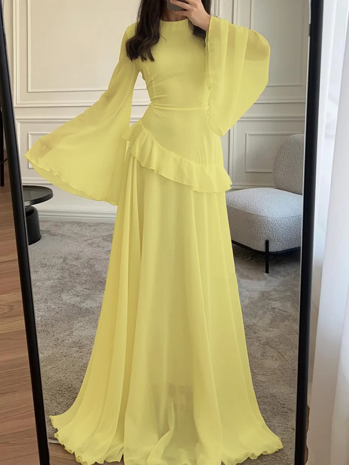 Solid Color Flared Sleeve Dress