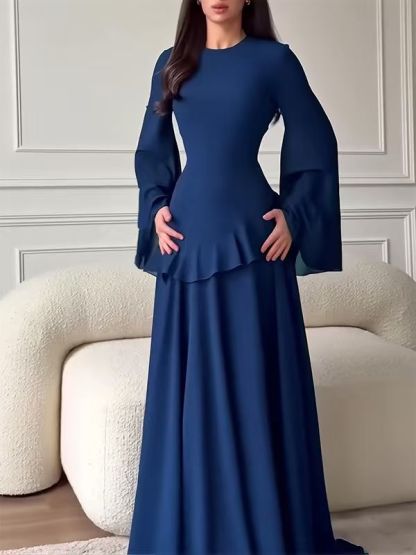 Solid Color Flared Sleeve Dress