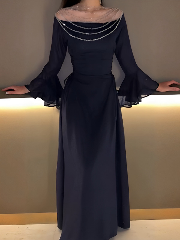 Sheer Beaded Yoke Flared Bell Sleeves Maxi Dress