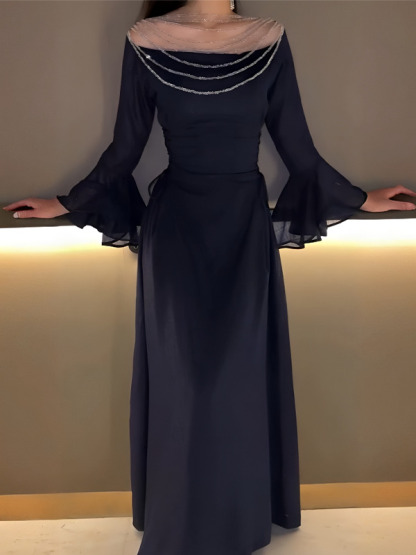 Sheer Beaded Yoke Flared Bell Sleeves Maxi Dress