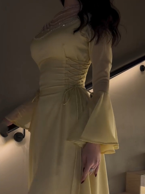 Sheer Beaded Yoke Flared Bell Sleeves Maxi Dress