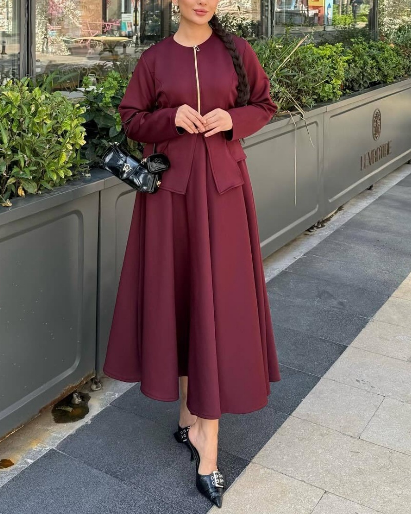 2Pcs Solid Color Retro Zipper Jacket+Skirt Set