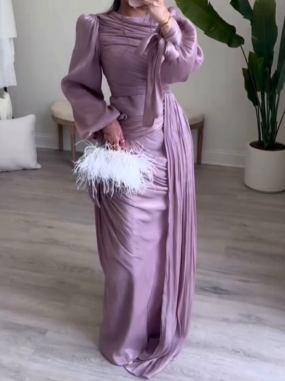 Ruched Tied Up Lantern Sleeve Overlay Party Maxi Dresses