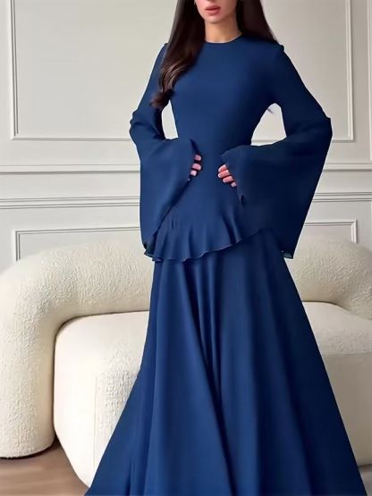 Solid Color Flared Sleeve Dress