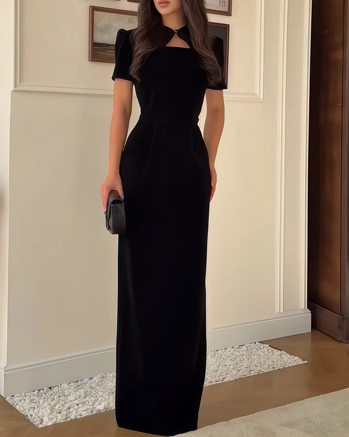 Black Bodycon Vintage High-End Cheongsam Collar Short Sleeve Maxi Dress