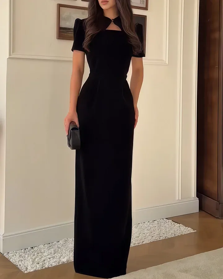 Black Bodycon Vintage High-End Cheongsam Collar Short Sleeve Maxi Dress