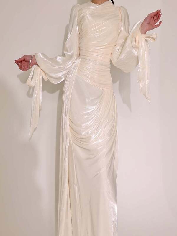 Ruched Tied Up Lantern Sleeve Overlay Party Maxi Dresses