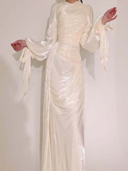 Ruched Tied Up Lantern Sleeve Overlay Party Maxi Dresses